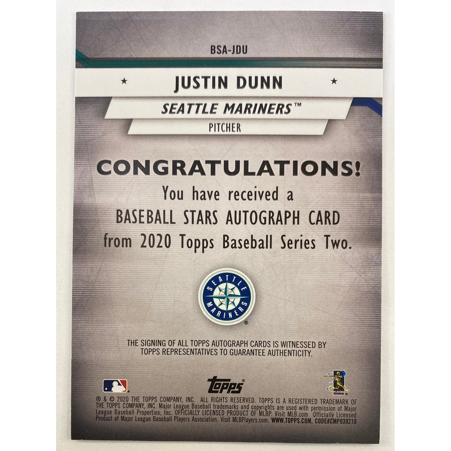 2020 Topps Series 2 Justin Dunn Rc Auto