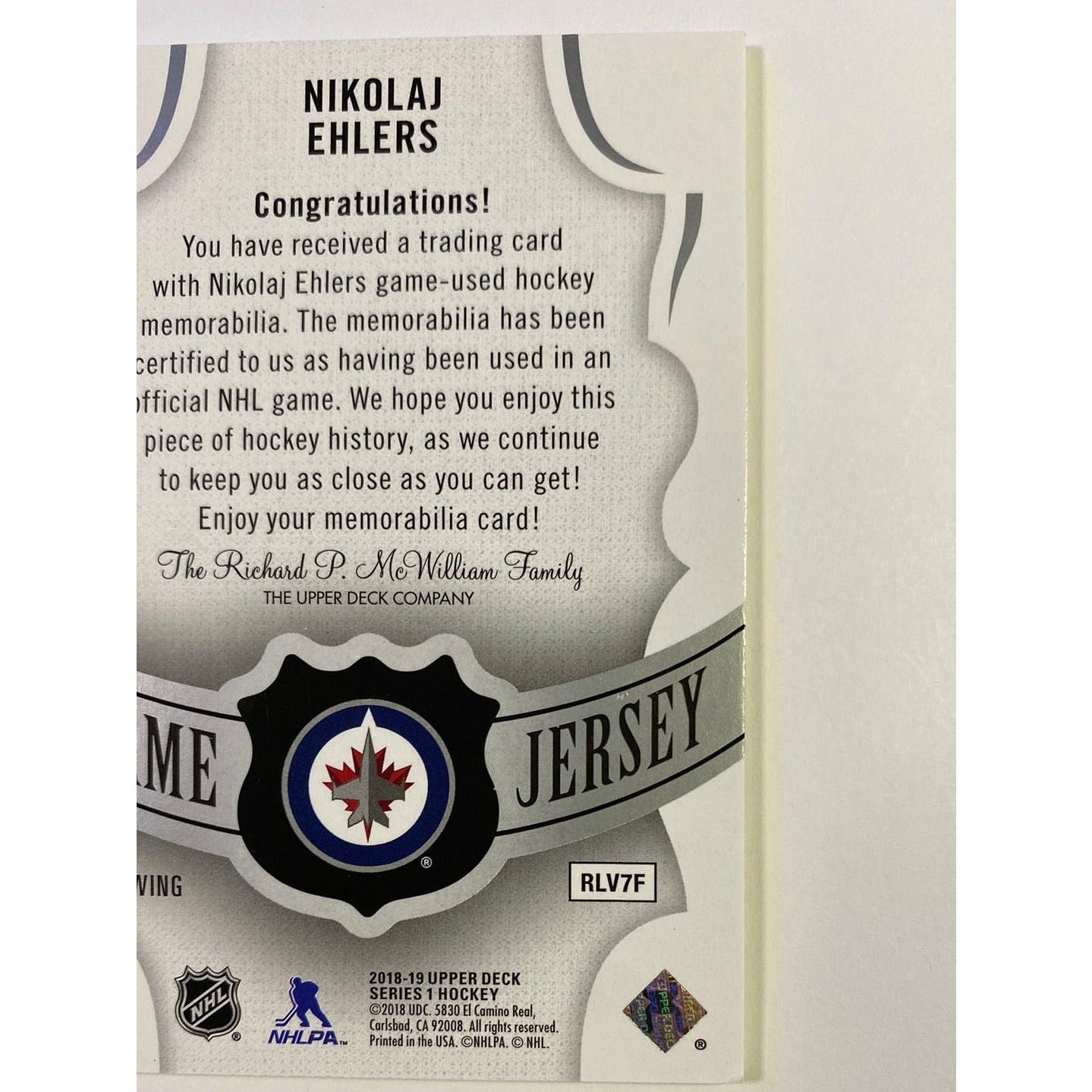 2018-19 Upper Deck Series 1 Nikolaj Ehlers UD Game Jersey
