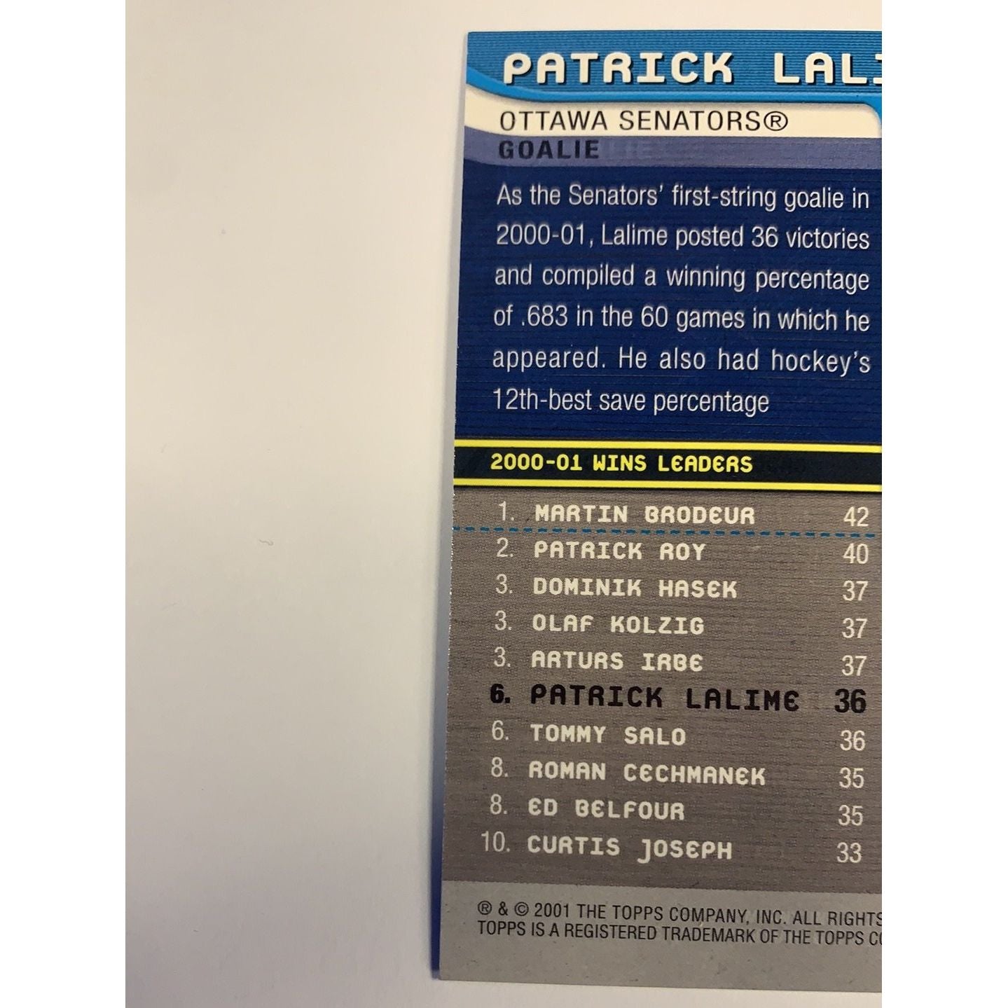  2001 Topps Patrick Lalime Own The Game  Local Legends Cards & Collectibles