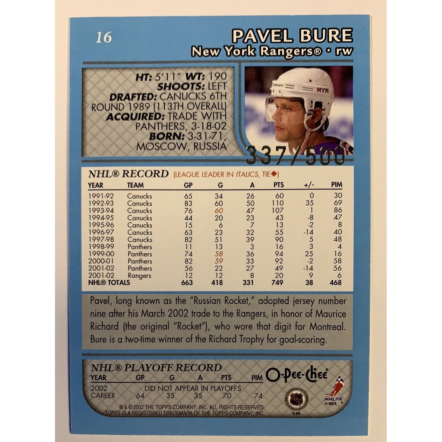  2002 O-Pee-Chee Pavel Bure Blue Parallel /500  Local Legends Cards & Collectibles