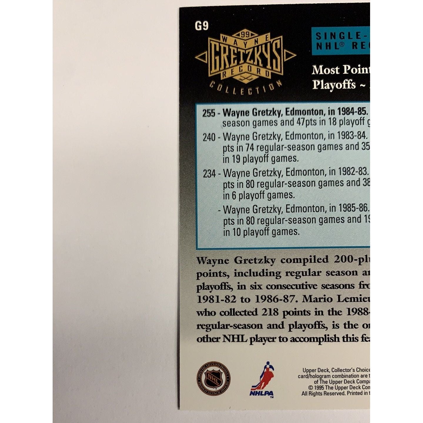  1995 Upper Deck Collectors Choice Wayne Gretzkys Record Collection G9  Local Legends Cards & Collectibles