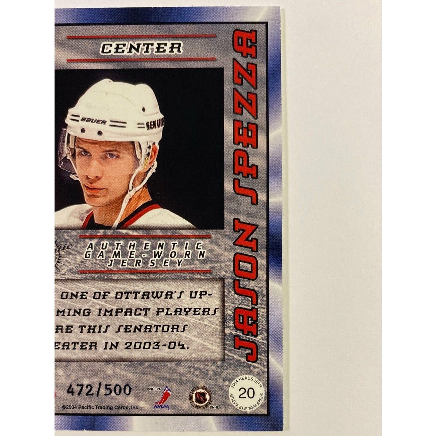2003-04 Pacific Heads Up Jason Spezza Authentic Game Worn Jersey /500