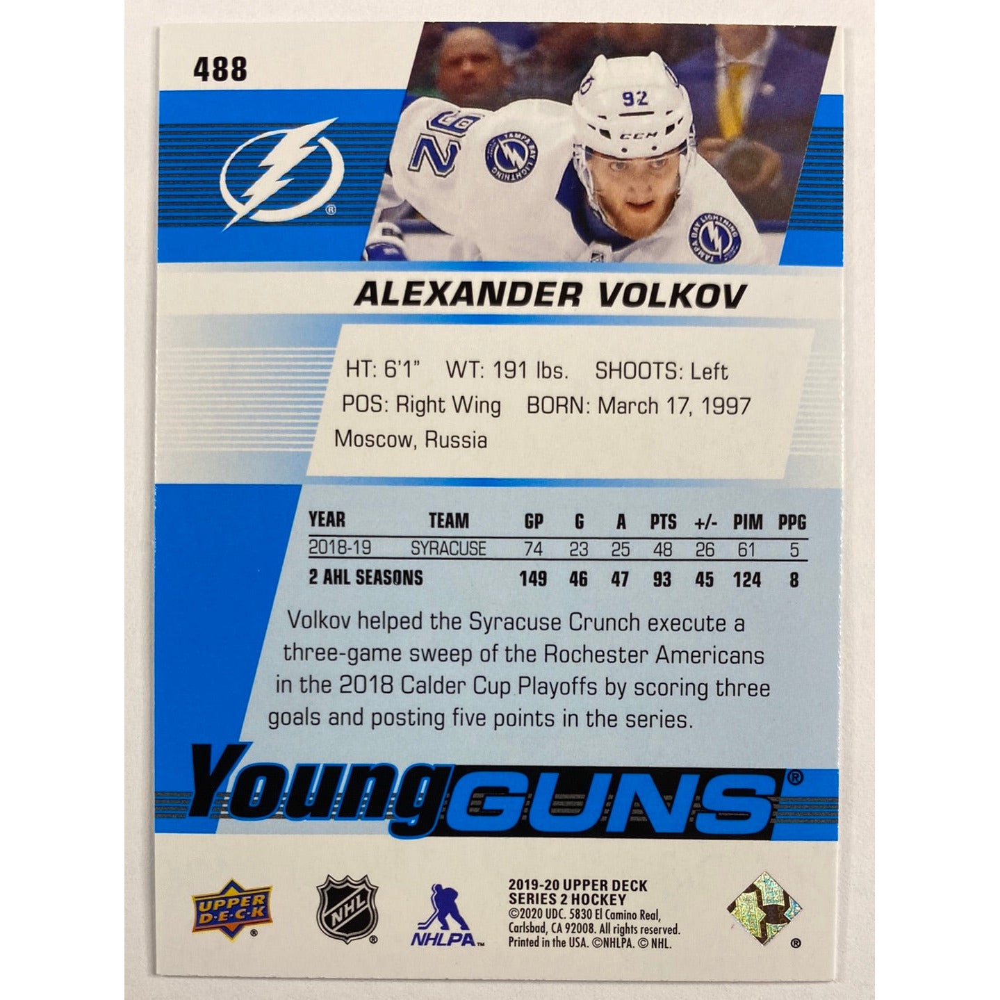 2019-20 Upper Deck Series 2 Alexander Volkov Young Guns