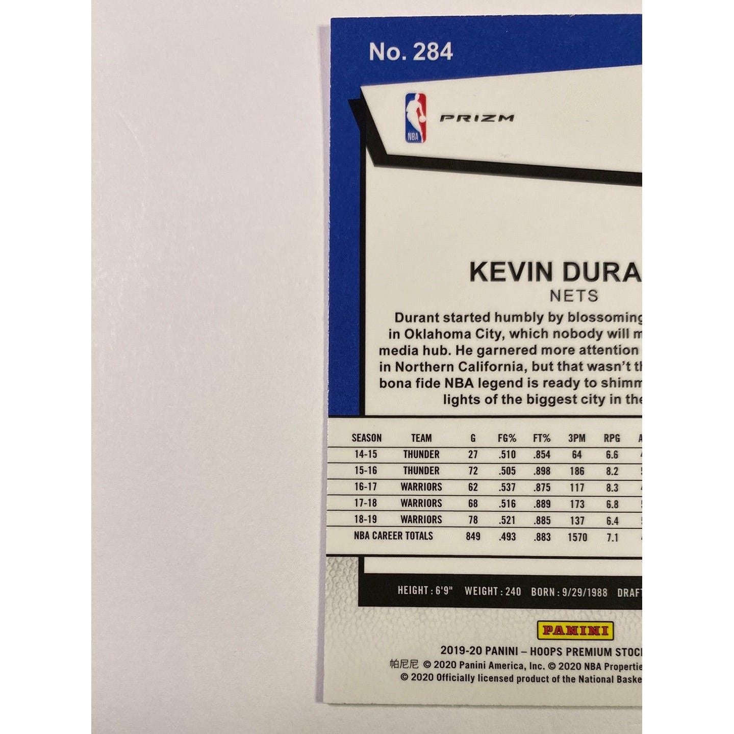 2019-20 Hoops Premium Stock Kevin Durant Purple Disco Prizm