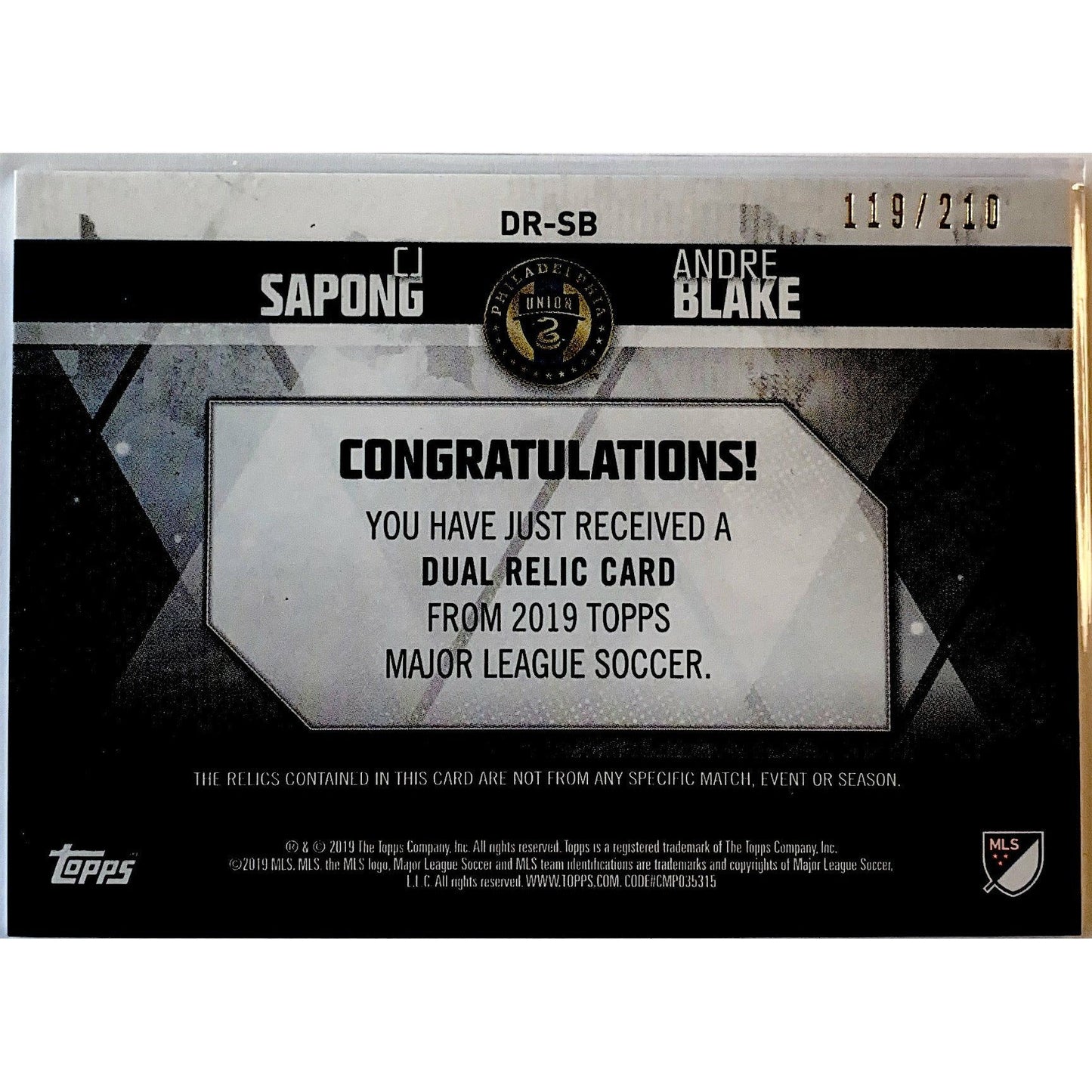 2019 Topps MLS CJ Sapong / André Blake Dual Relic Card /210