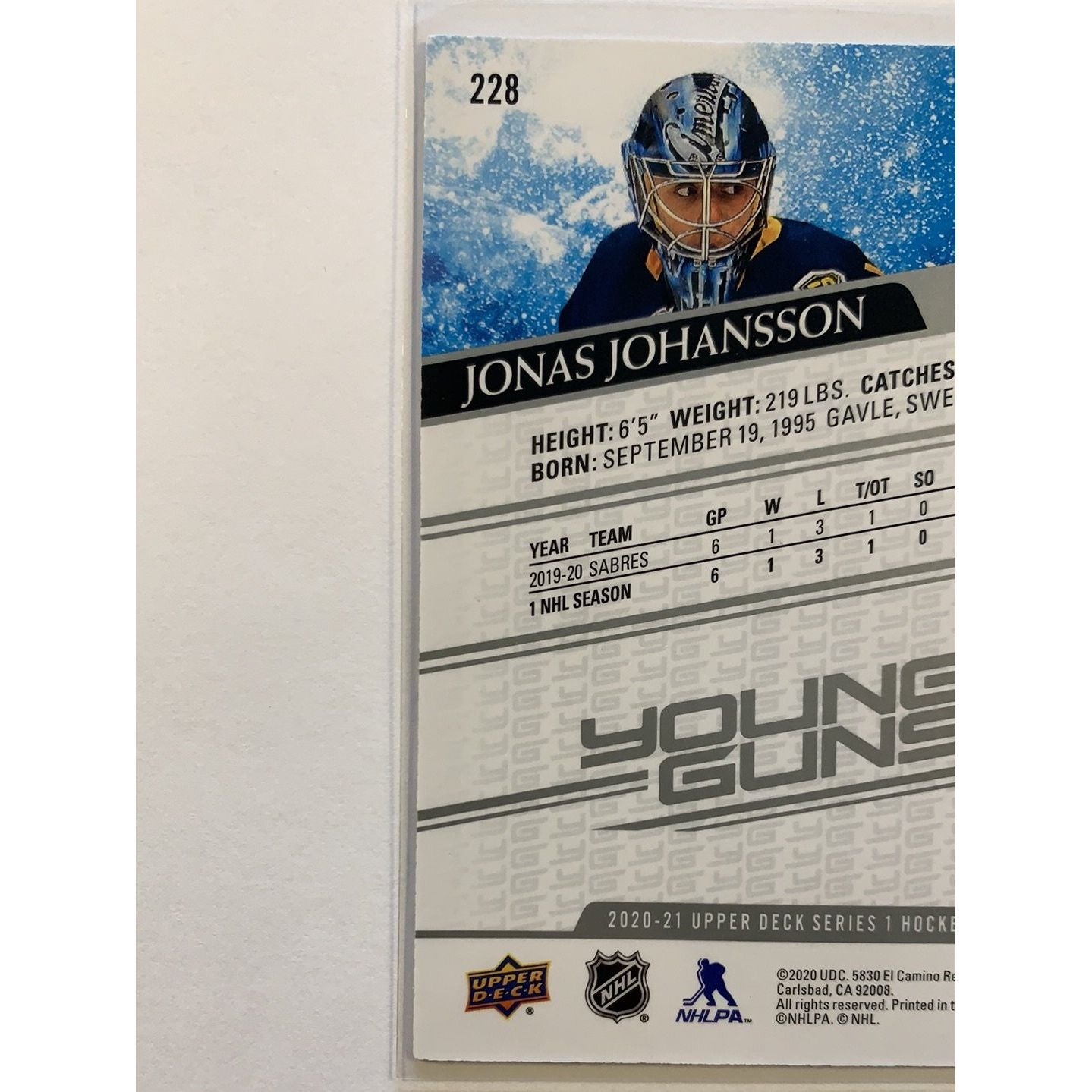  2020-21 Upper Deck Series 1 Jonás Johansson Young Guns DAMAGED  Local Legends Cards & Collectibles