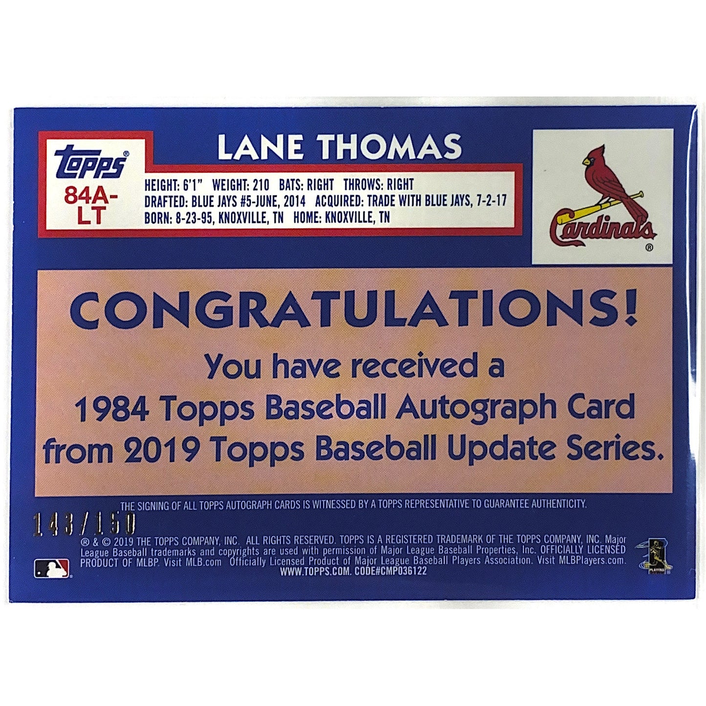 2019 Topps 35th Anniversary Lane Thomas 1984 Tribute Auto /150