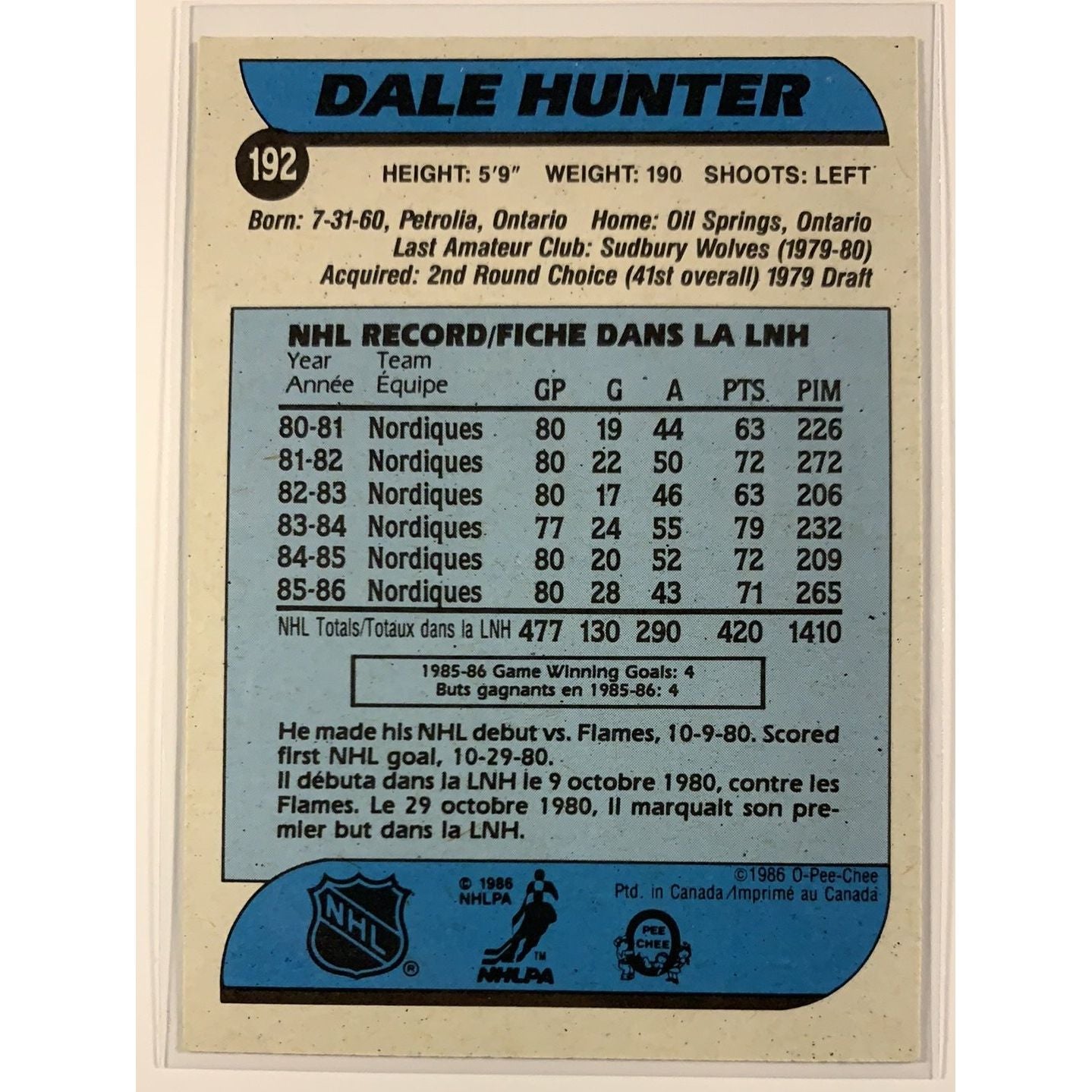  1986-87 O-Pee-Chee Dale Hunter Base #192  Local Legends Cards & Collectibles