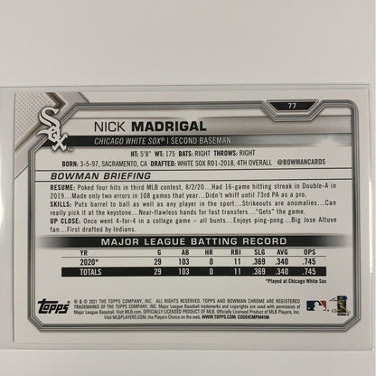  2021 Bowman Nick Madrigal RC #77  Local Legends Cards & Collectibles