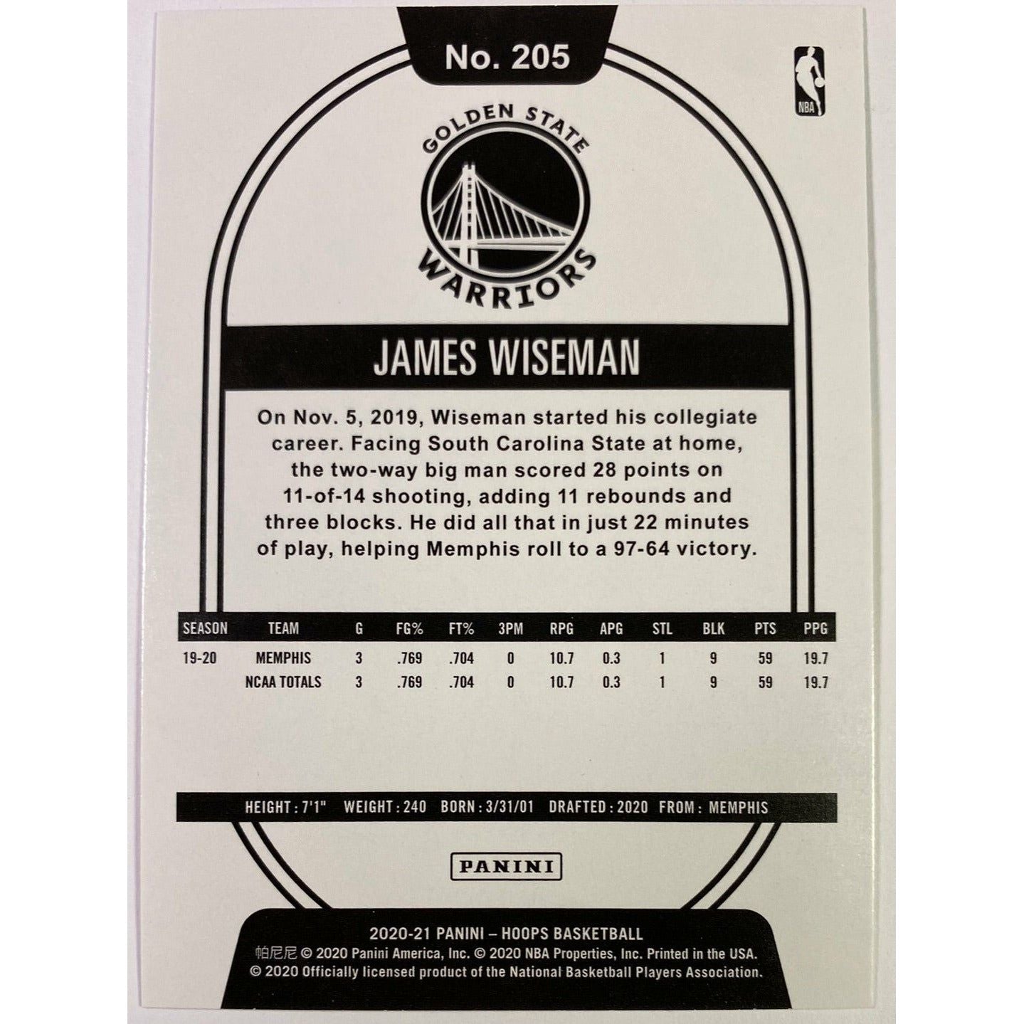 2020-21 Hoops James Wiseman Yellow Flood RC