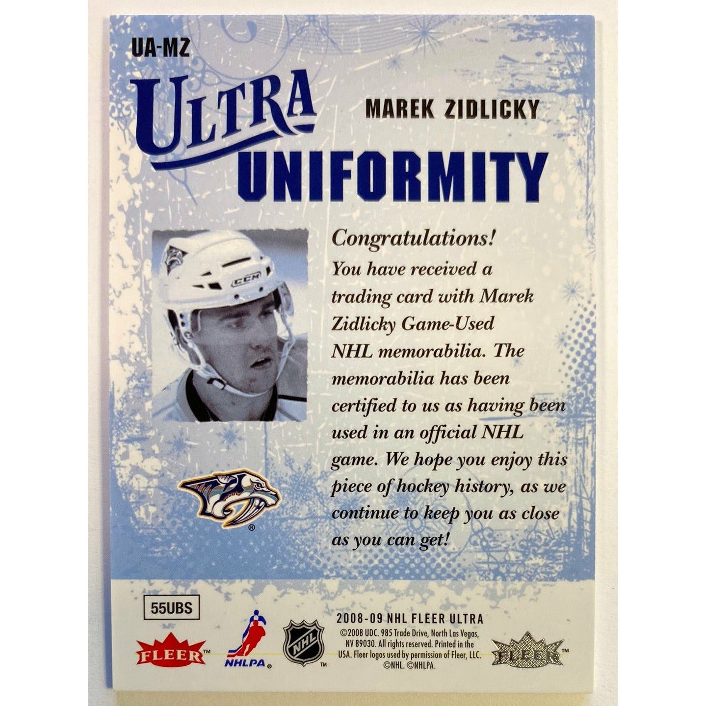 2008-09 Fleer Ultra Marek Zidlicky Ultra Uniformity
