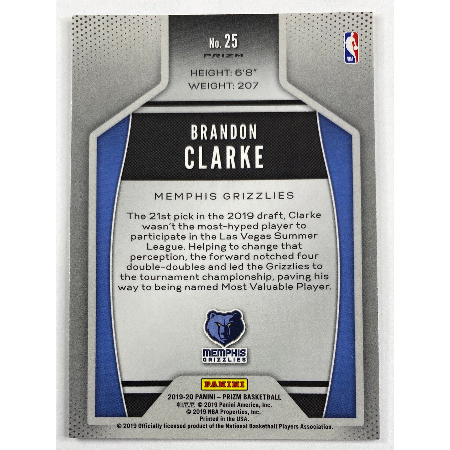 2019-20 Panini Prizm Brandon Clarke Instant Impact Silver Holo Prizm