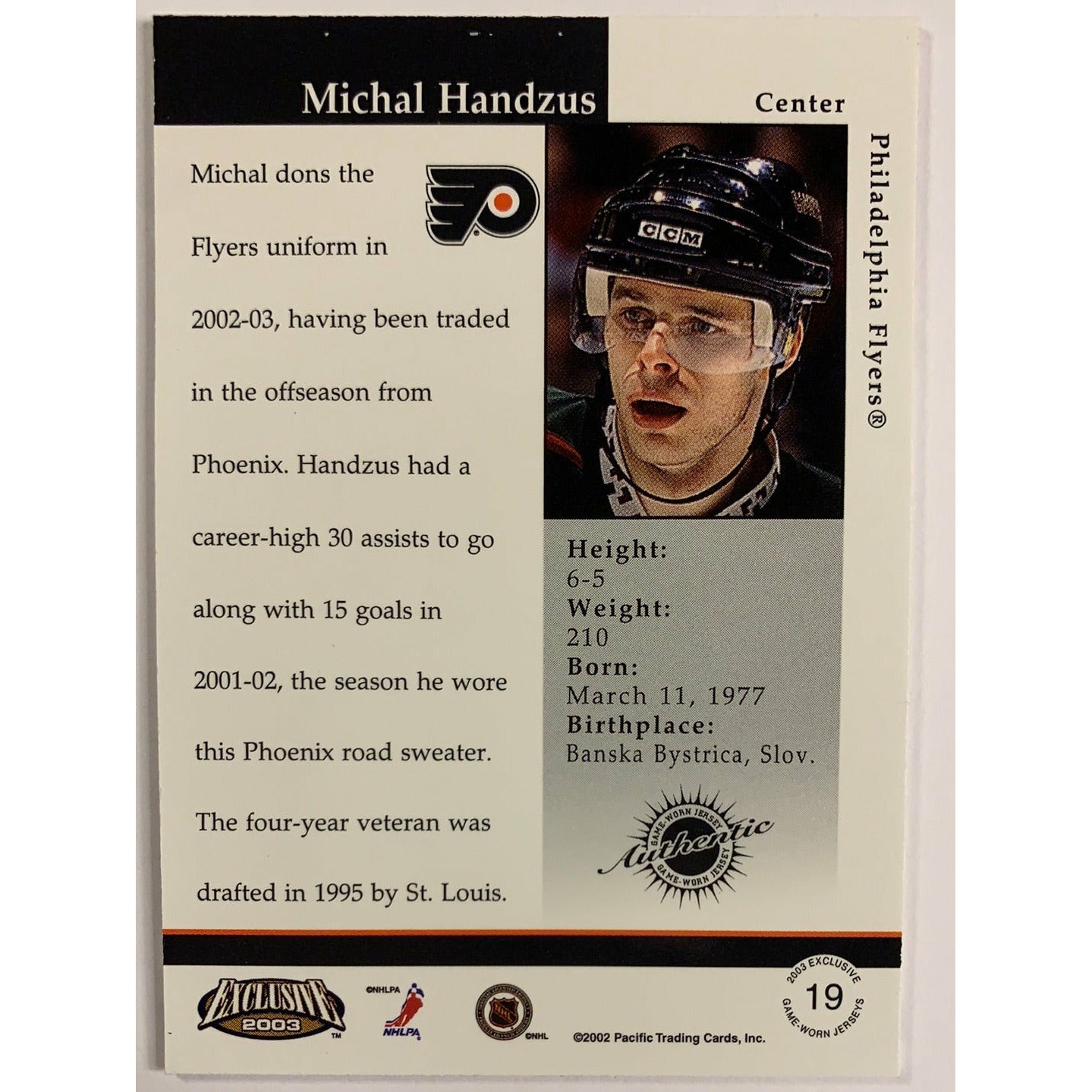 2002-03 Exclusive Michael Handzus Authentic Game Worn Jersey