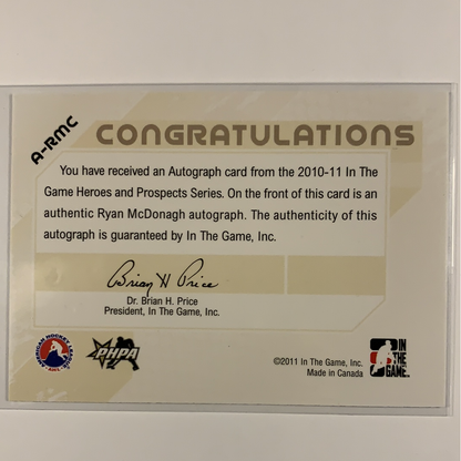  2010-11 In The Game Ryan McDonagh Rookie Auto  Local Legends Cards & Collectibles