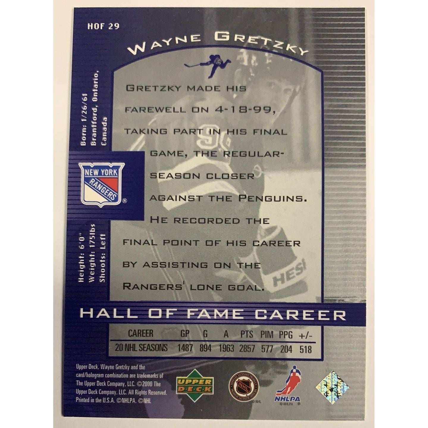  2000 Upper Deck Hall of Fame Career Wayne Gretzky HOF 29  Local Legends Cards & Collectibles