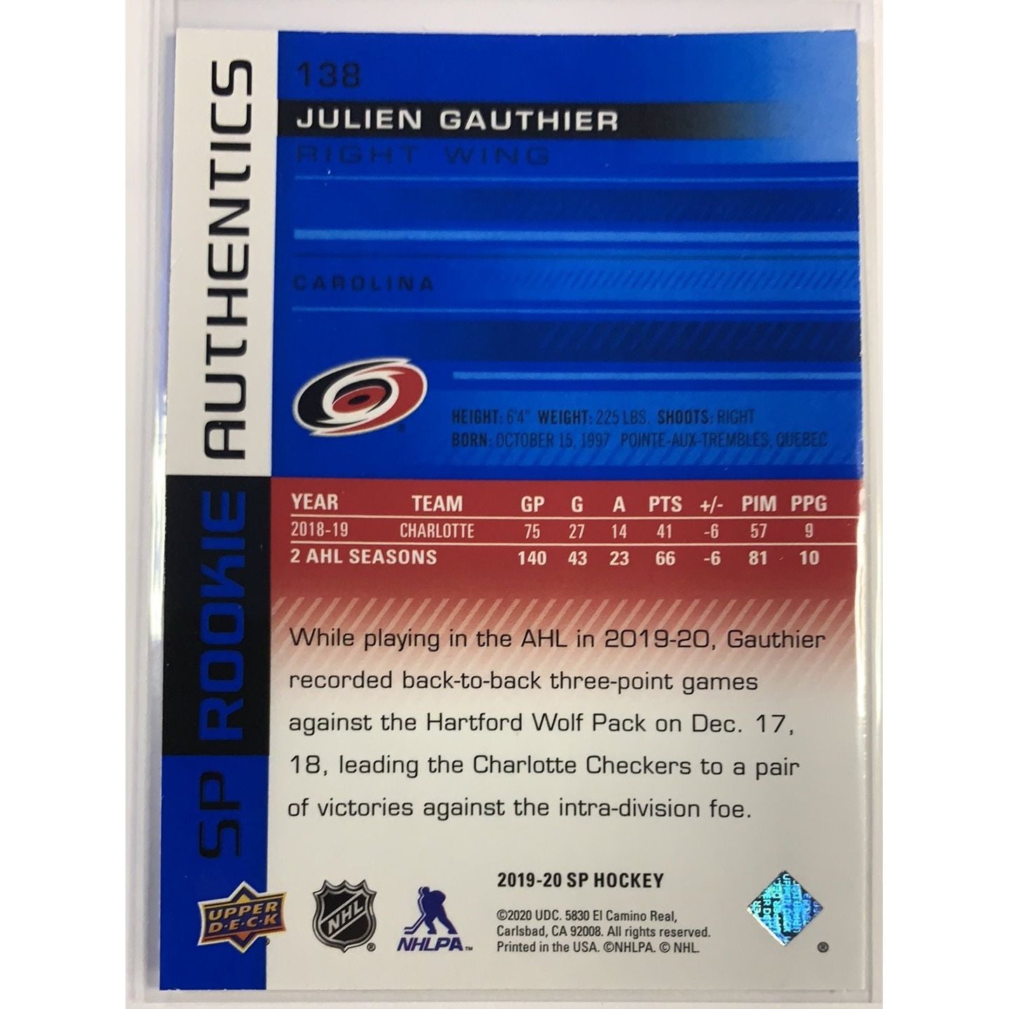  2019-20 SP Julien Gauthier Rookie Authentics  Local Legends Cards & Collectibles