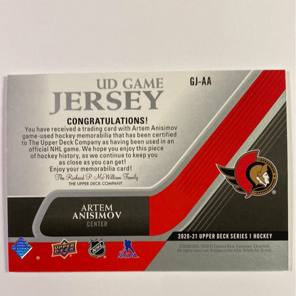 2020-21 Upper Deck Series 1 Artem Anisimov UD Game Jersey