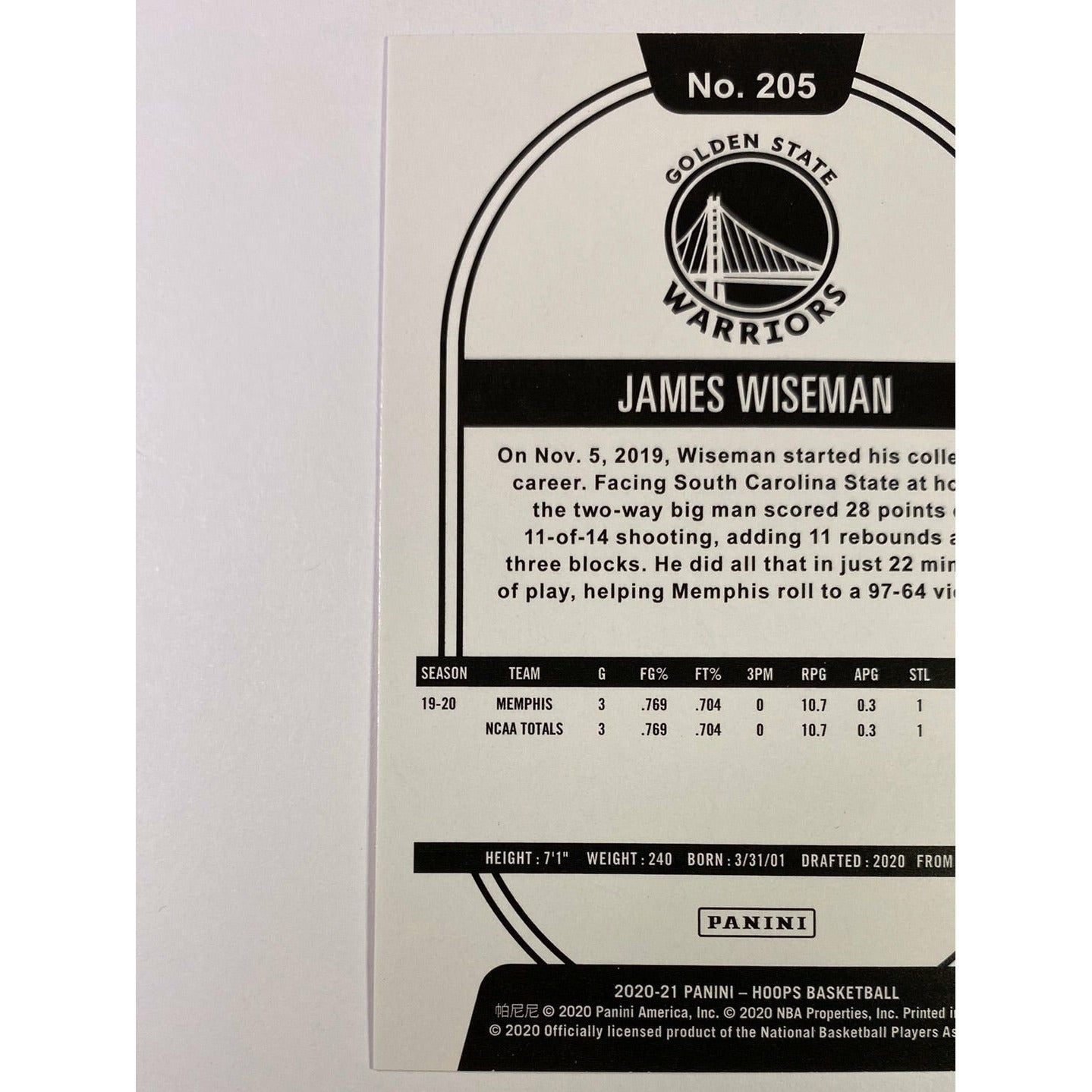 2020-21 Hoops James Wiseman Yellow Flood RC