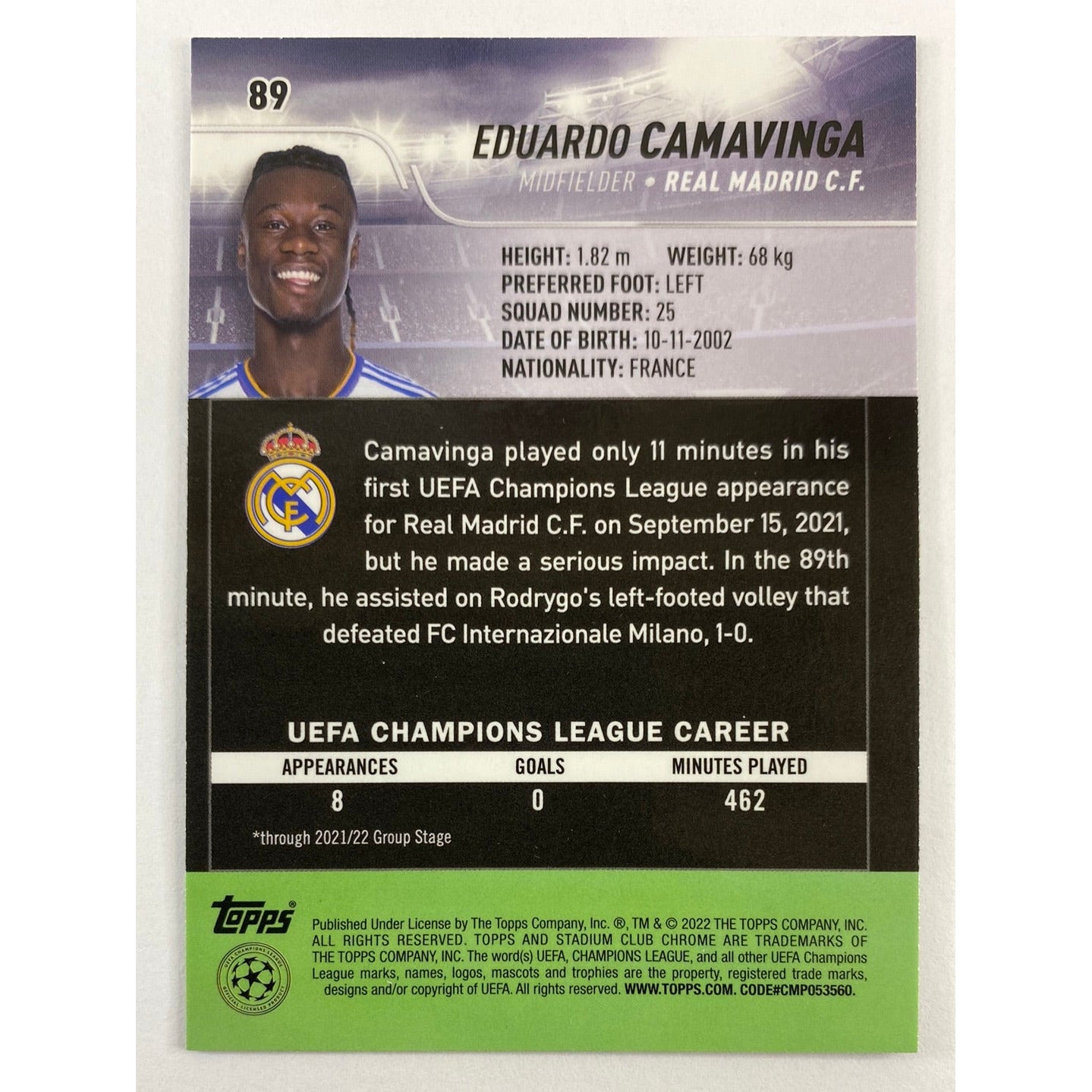 2022 Stadium Club Chrome Eduardo Camavinga Pink Electric Charge Refractor