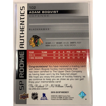  2019-20 SP Adam Boqvist Rookie Authentics Jersey Patch  Local Legends Cards & Collectibles