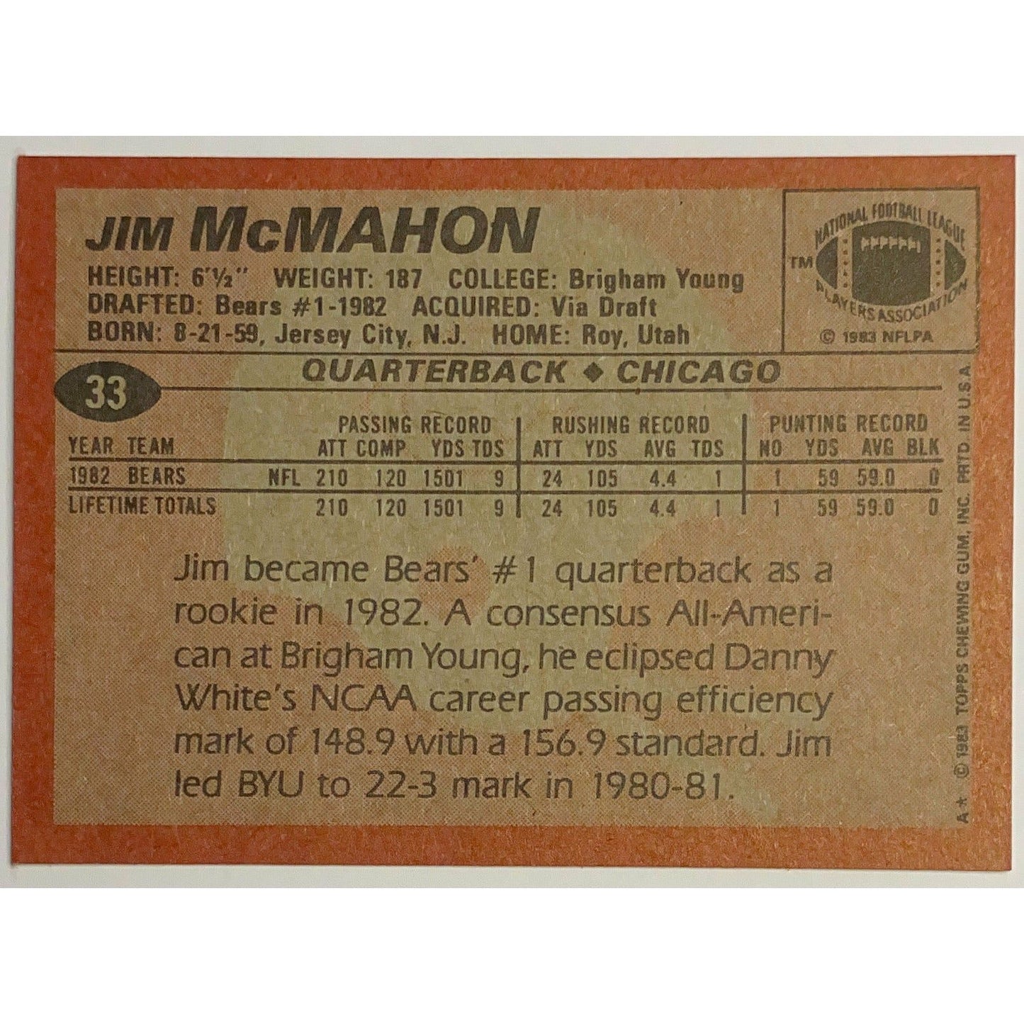  1983 Topps Jim ‘Mad Mac’ McMahon Rookie Card #33  Local Legends Cards & Collectibles