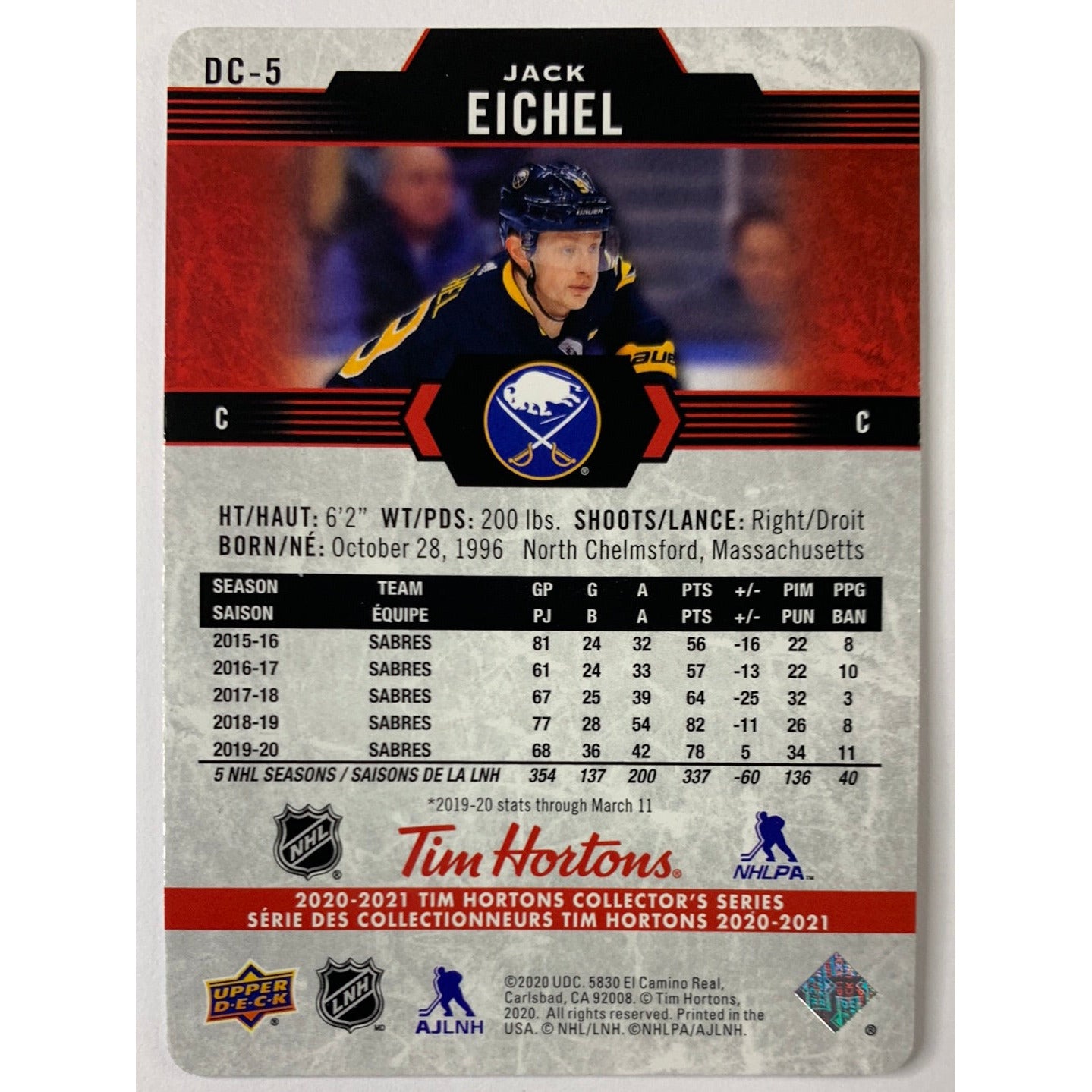 2020-21 Tim Hortons Jack Eichel Red Die Cut