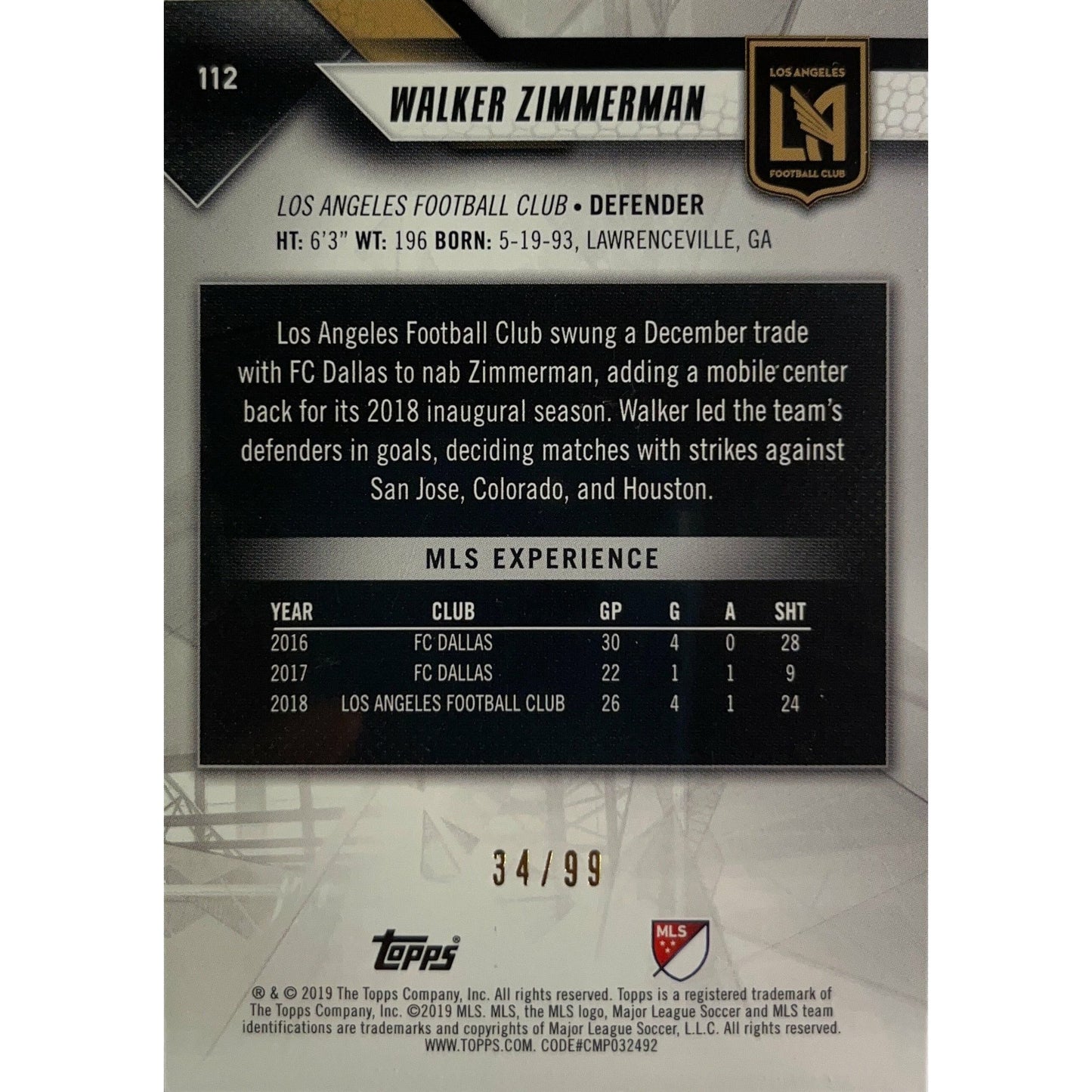 2019 Topps MLS Walker Zimmerman /99