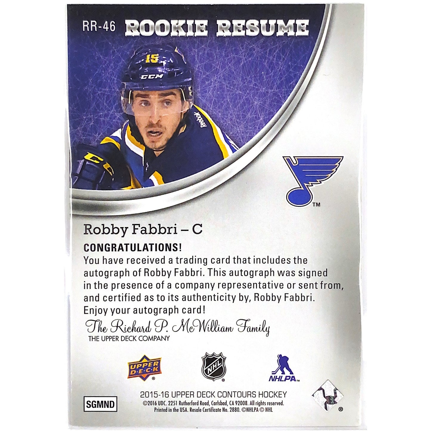 2015-16 Upper Deck Contours Robby Fabbri Rookie Resume Autographs Gold SP