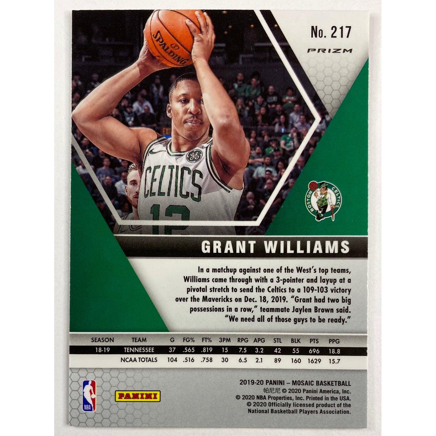 2019-20 Mosaic Grant Williams Orange Reactive Prizm RC | Local Legends Cards & Collectibles