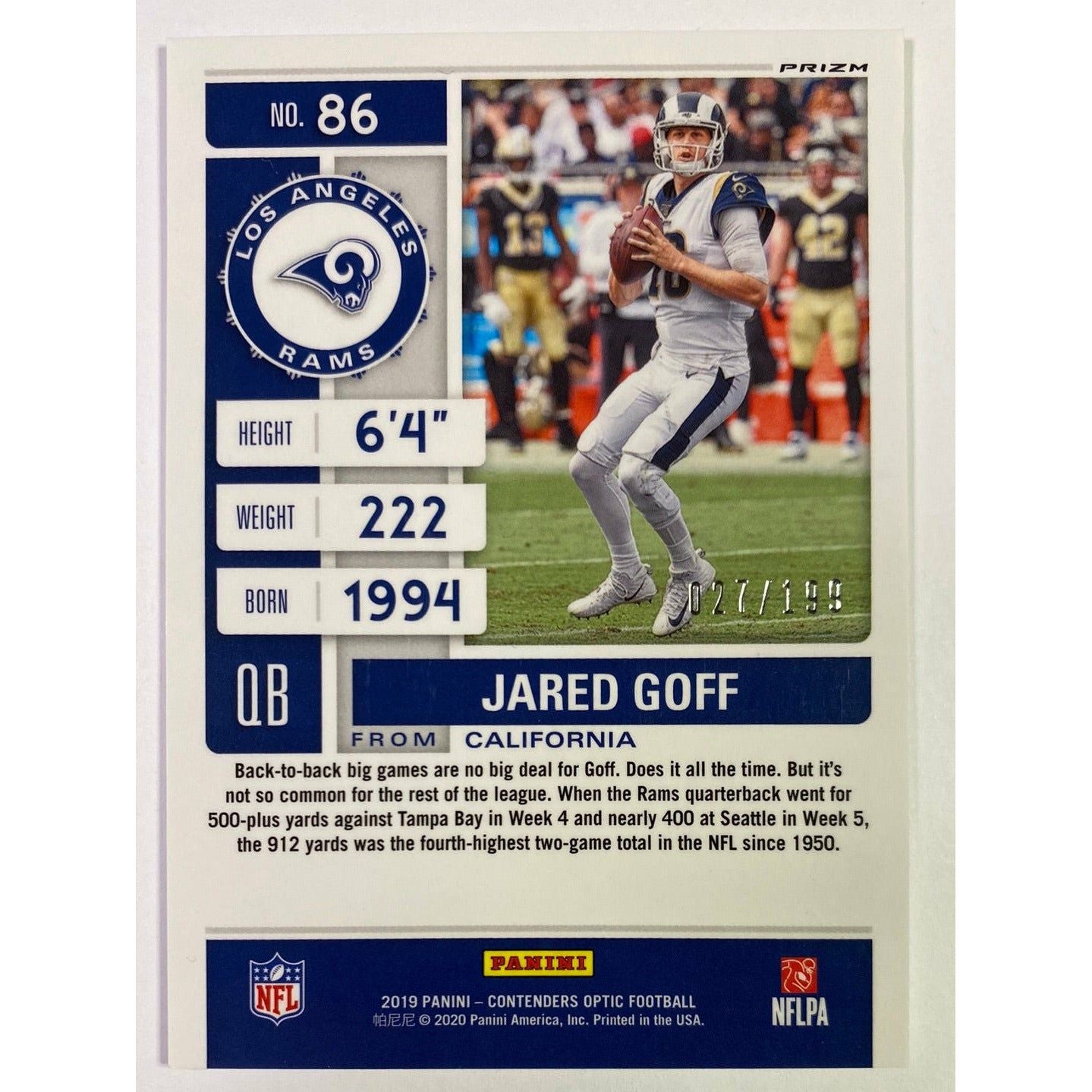 2019 Contenders Optic Jared Goff Red Prizm Season Ticket /199