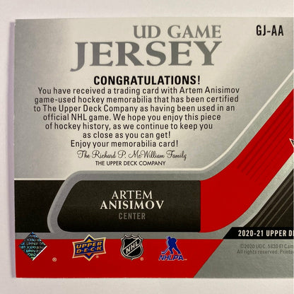 2020-21 Upper Deck Series 1 Artem Anisimov UD Game Jersey