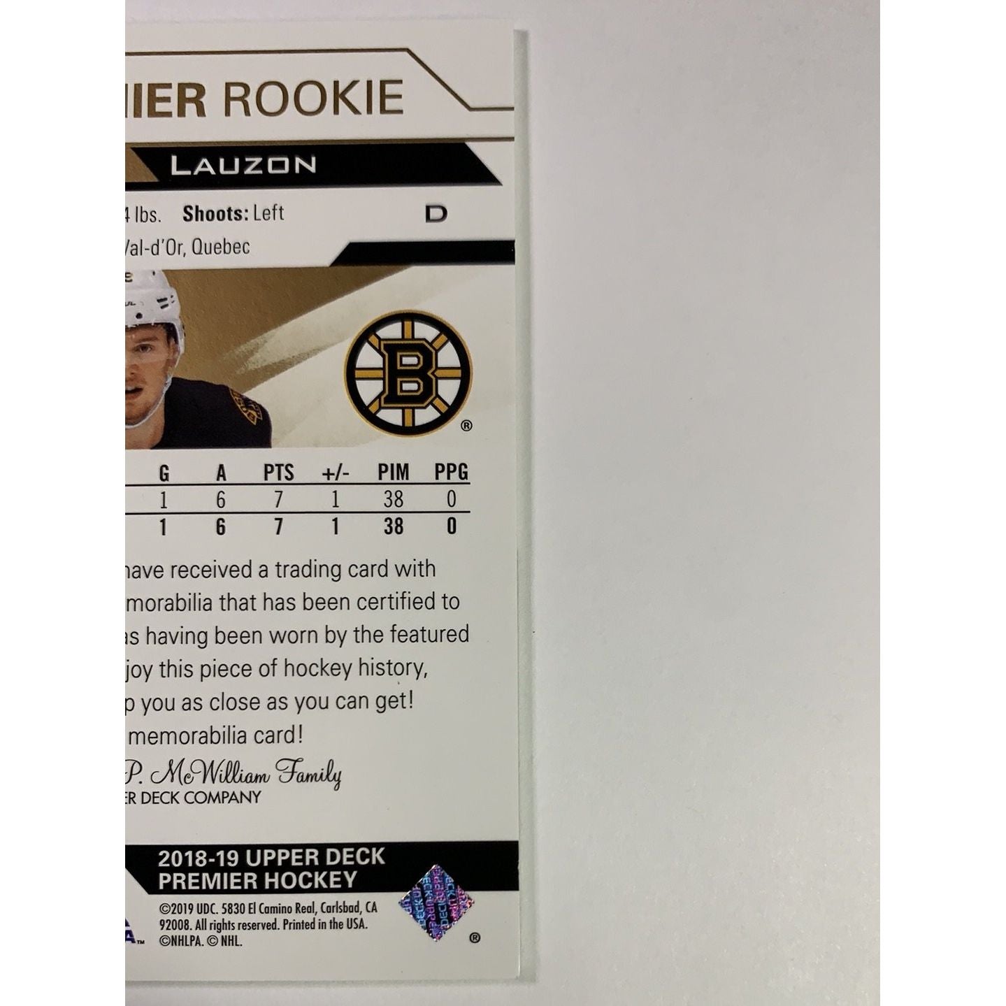  2018-19 Premier Jeremy Lauzon Rookie Jersey Patch  Local Legends Cards & Collectibles