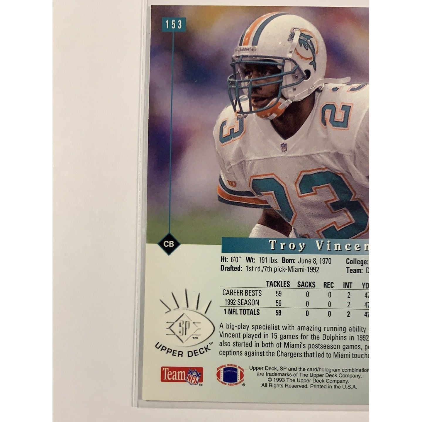  1993 Upper Deck Troy Vincent Base #153  Local Legends Cards & Collectibles