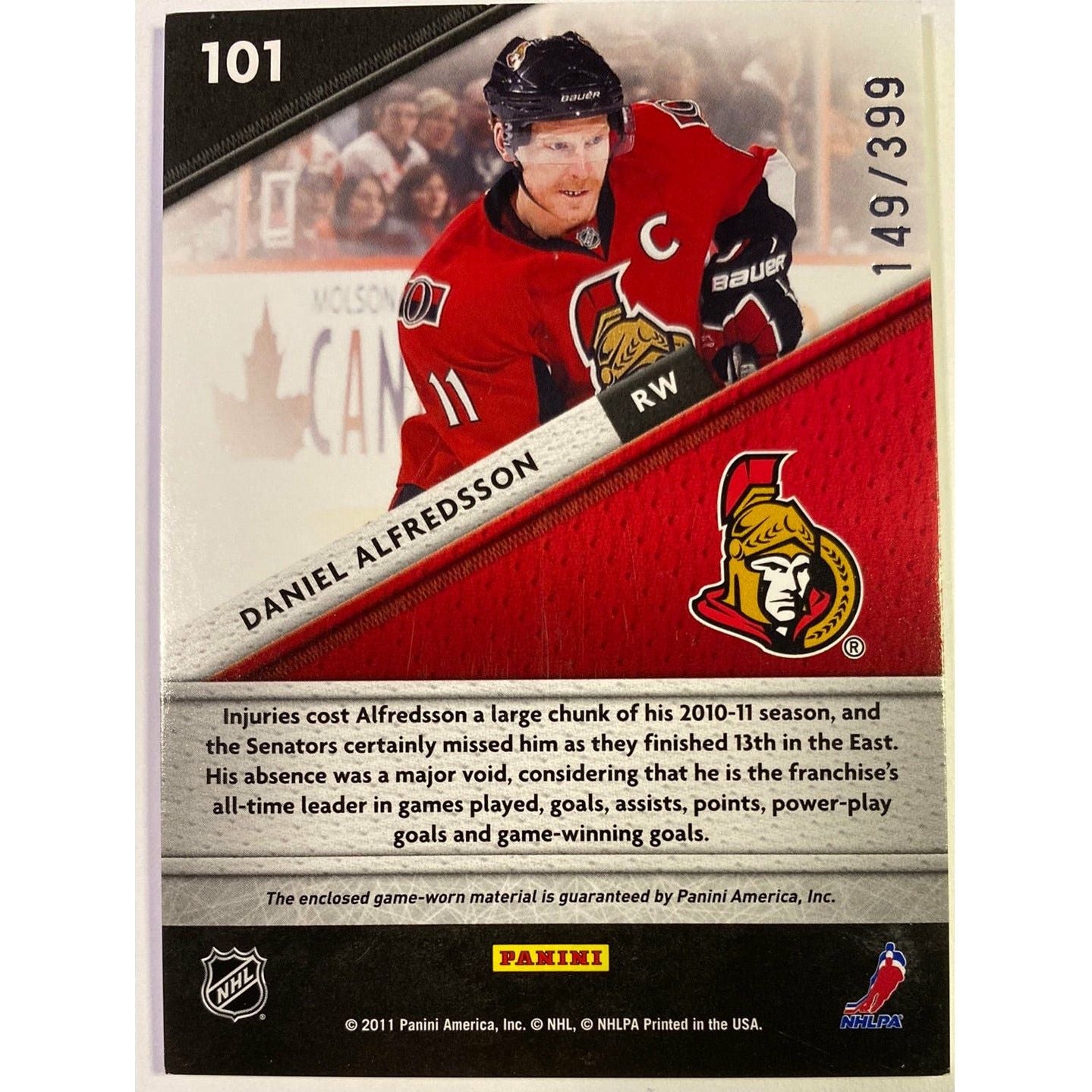 2011-12 Panini Certified Daniel Alfredsson Fabric of the Game /399