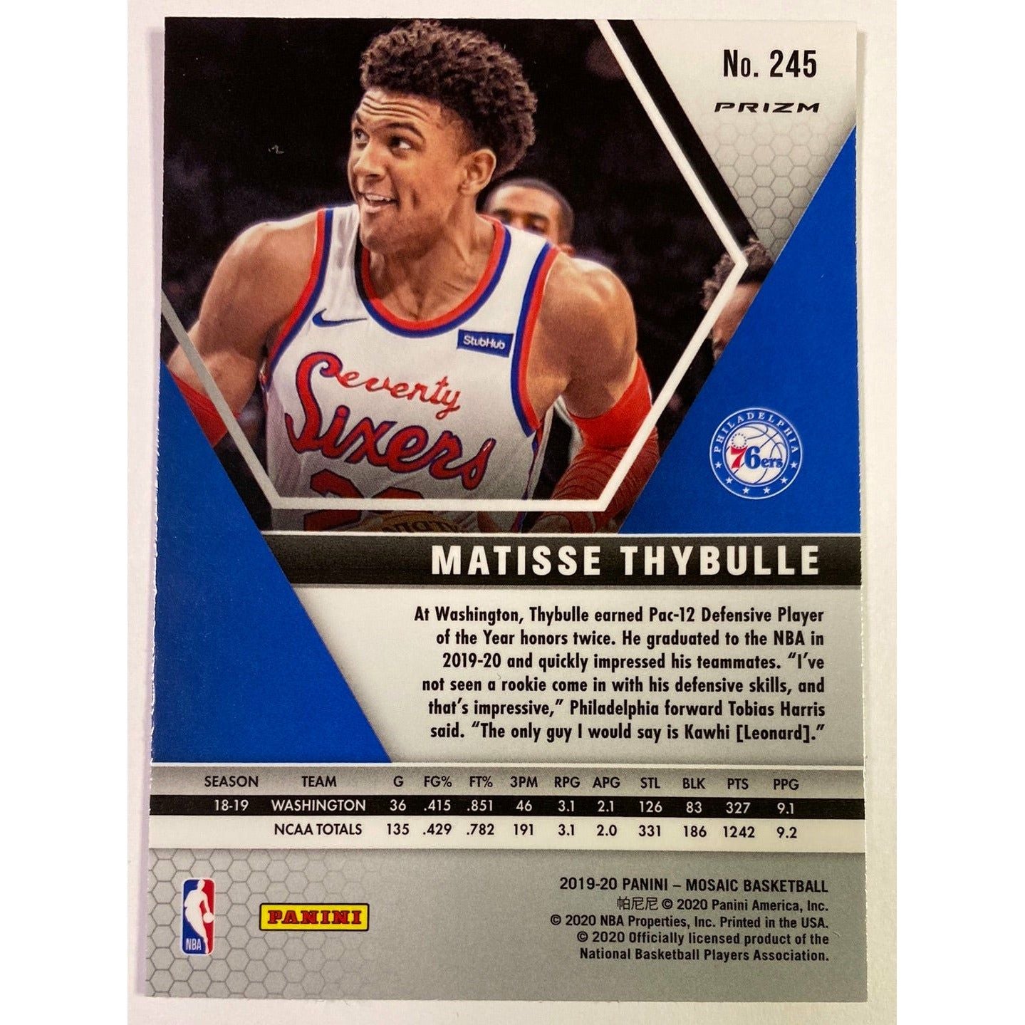 2019-20 Mosaic Matisse Thybulle Blue Reactive Prizm RC