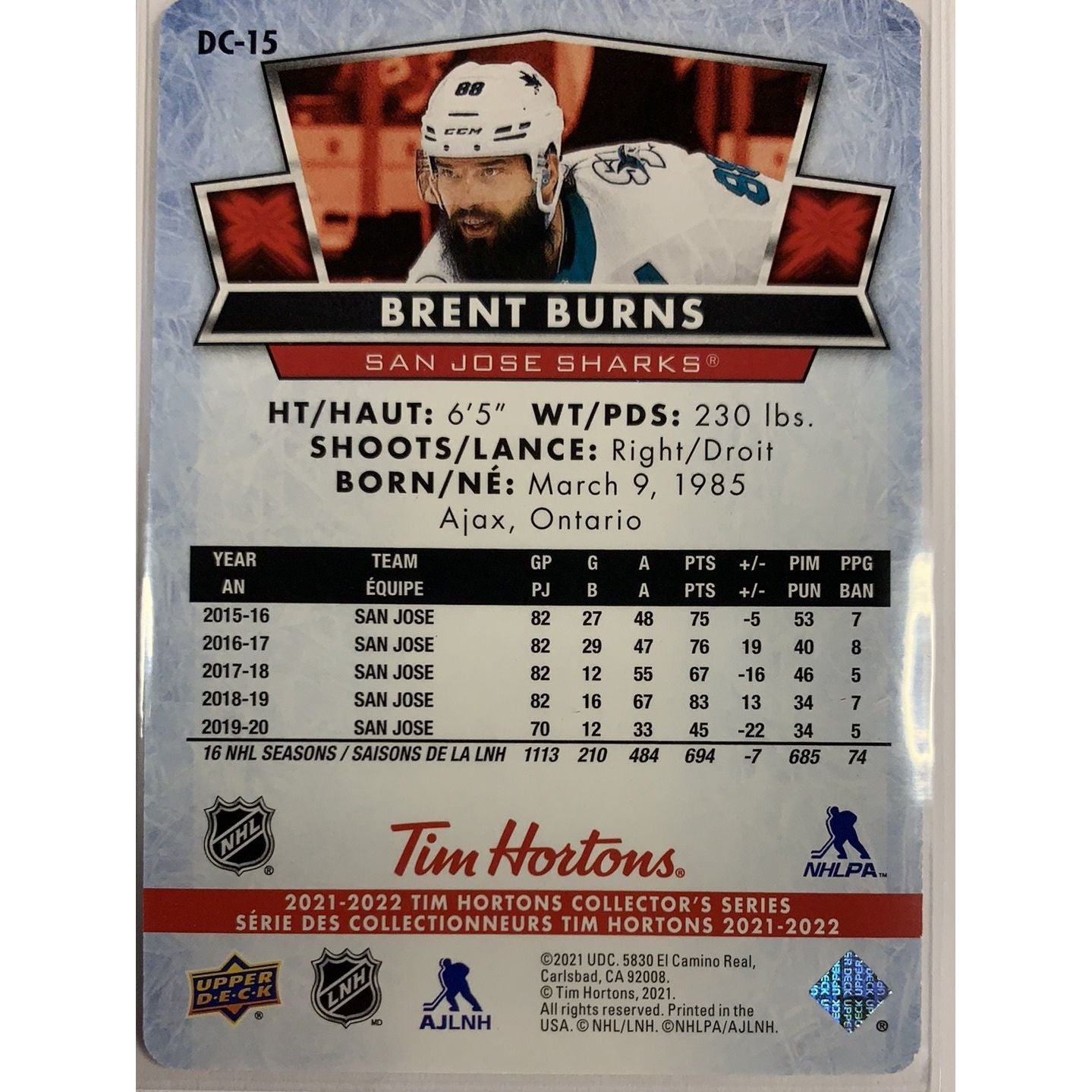  2021-22 Tim Hortons Red Die Cut Brent Burns  Local Legends Cards & Collectibles