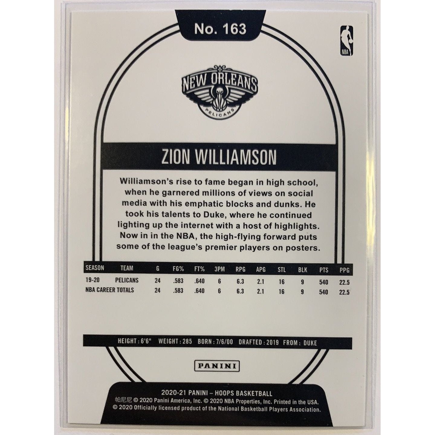  2020-21 Hoops Zion Williamson Base #163  Local Legends Cards & Collectibles
