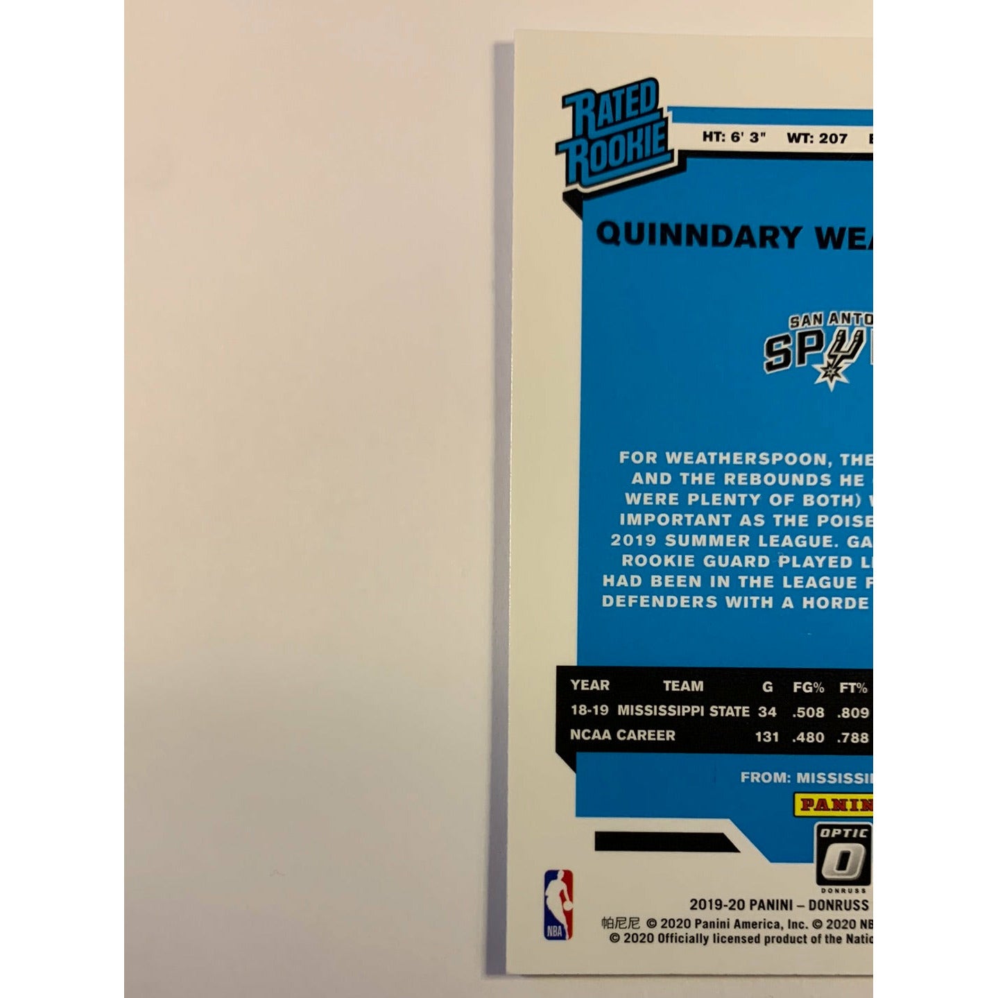 2019-20 Donruss Optic Quinndary Weatherspoon Rated Rookie