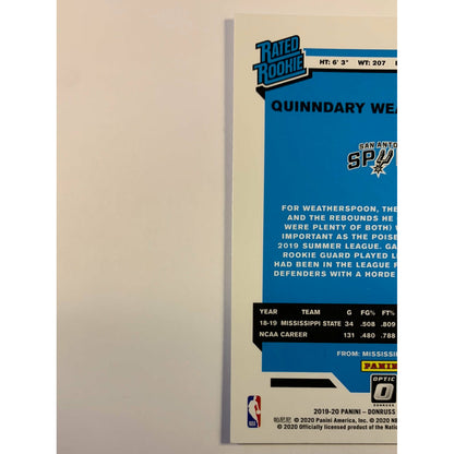 2019-20 Donruss Optic Quinndary Weatherspoon Rated Rookie