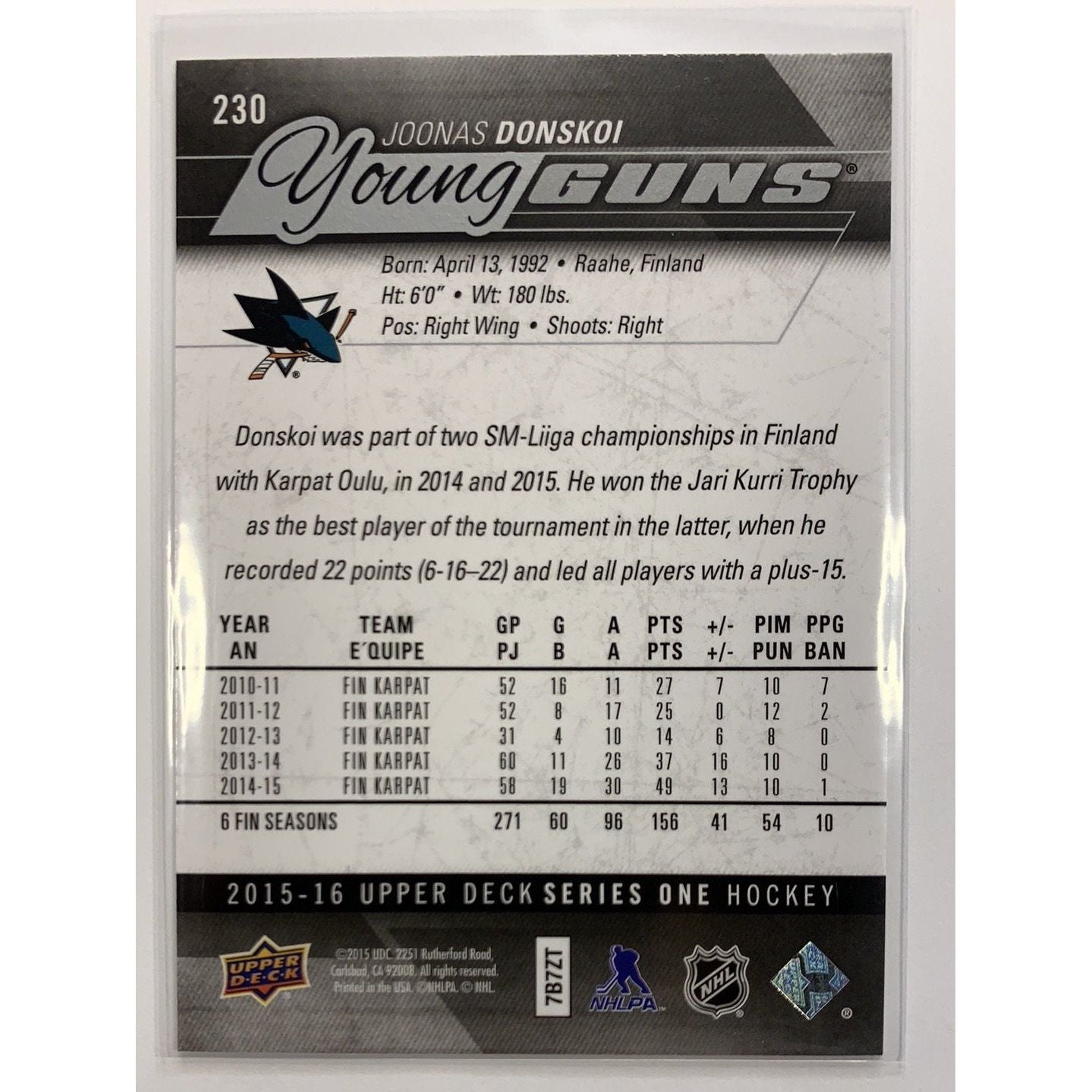  2015-16 Upper Deck Series One Joonas Donskoi Young Guns  Local Legends Cards & Collectibles