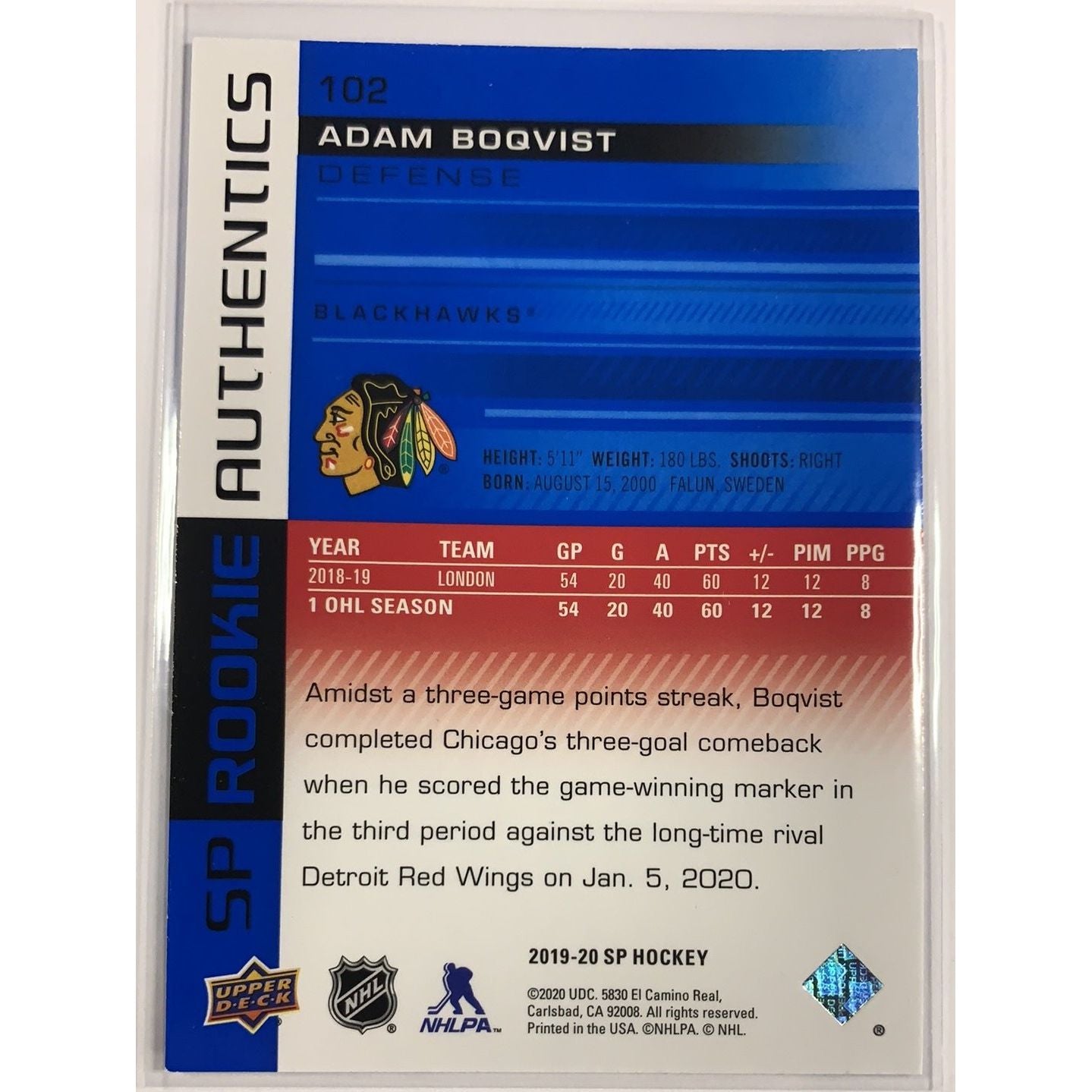  2019-20 SP Adam Boqvist Rookie Authentics  Local Legends Cards & Collectibles