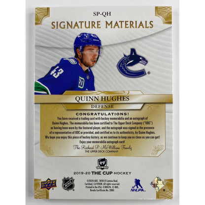 2019-20 The Cup Quinn Hughes Signature Materials Rookie Patch Auto /99