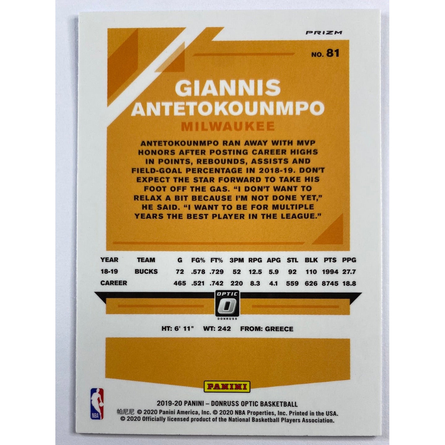 2019-20 Donruss Optic Giannis Antetokounmpo Silver Holo Prizm