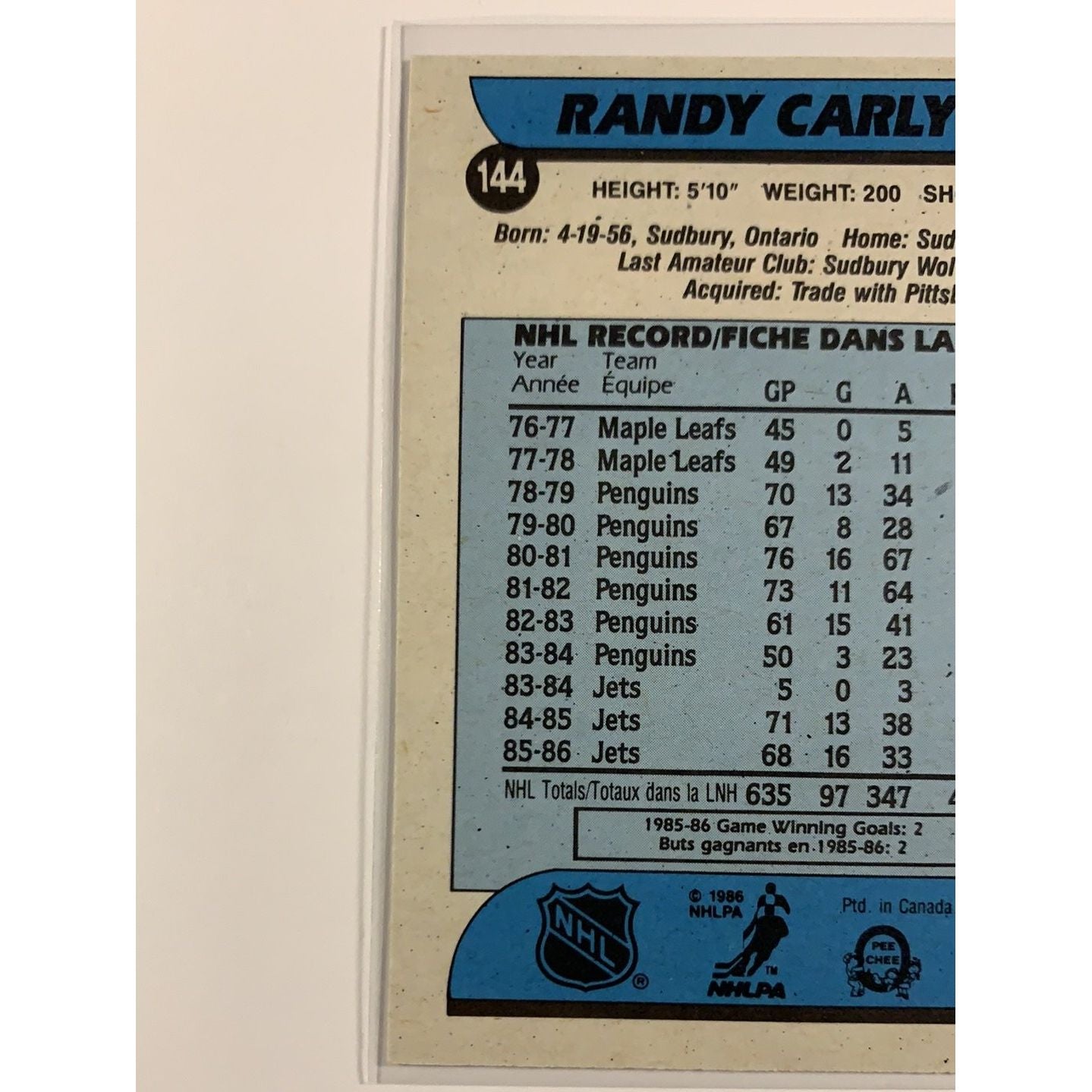  1986-87 O-Pee-Chee Randy Carlyle base #144  Local Legends Cards & Collectibles