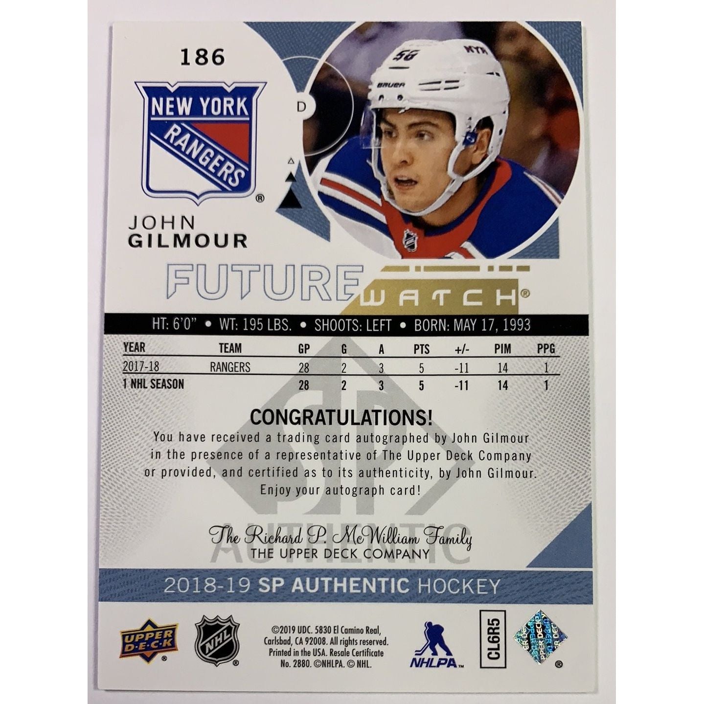  2018-19 SP John Gilmour Future Watch Auto /999  Local Legends Cards & Collectibles