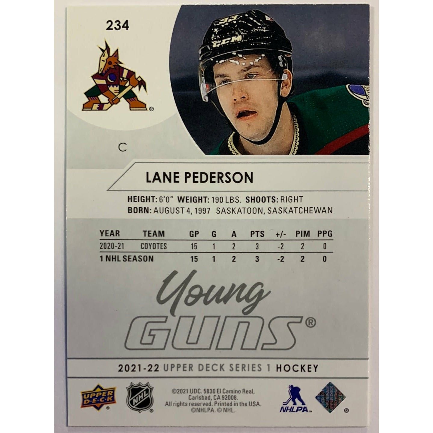2021-22 Upper Deck Series 1 Lane Pederson Young Guns