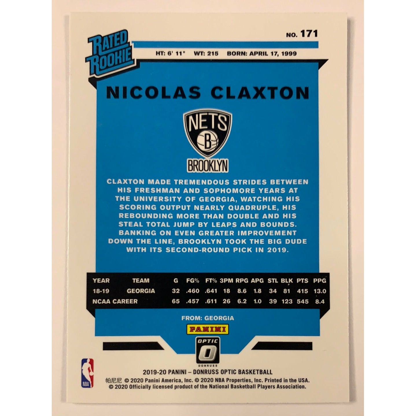 2019-20 Donruss Optic Nicolas Claxton Rated Rookie
