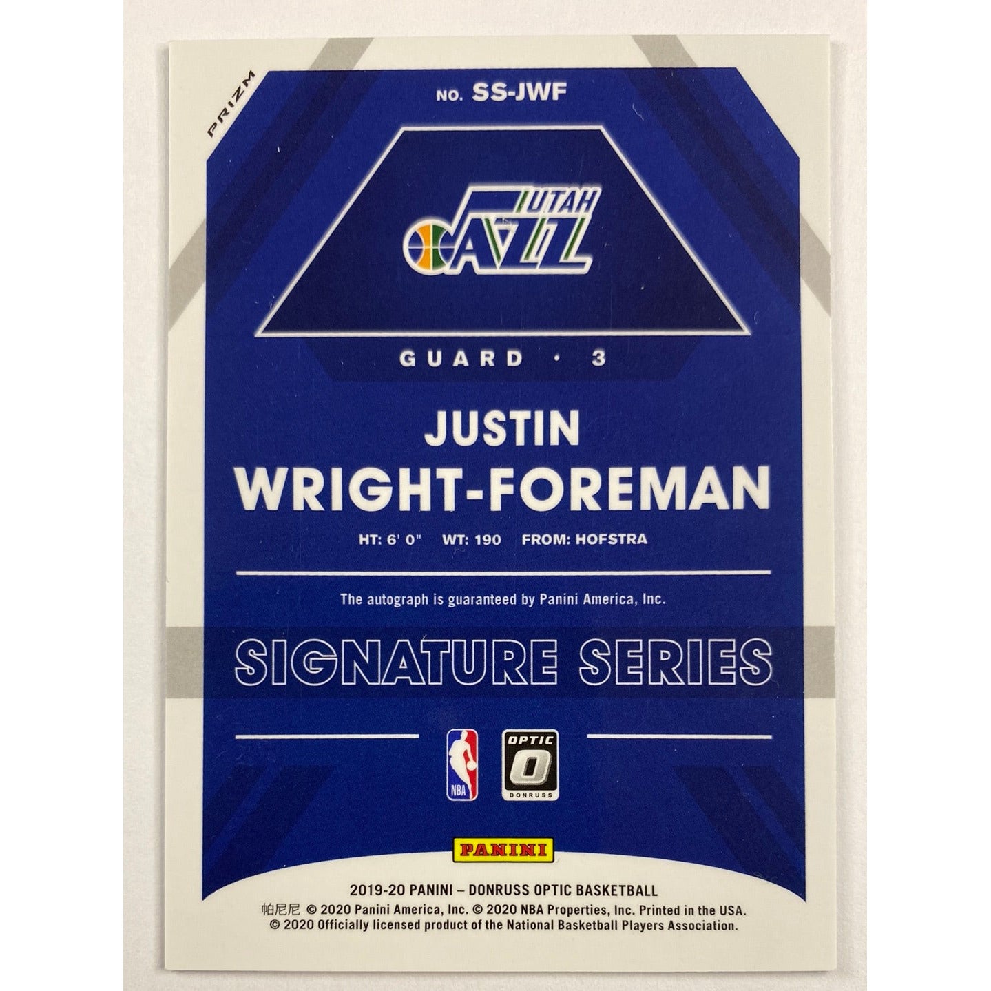 2019-20 Donruss Optic Justin Wright-Foreman Signature Series Holo Prizm