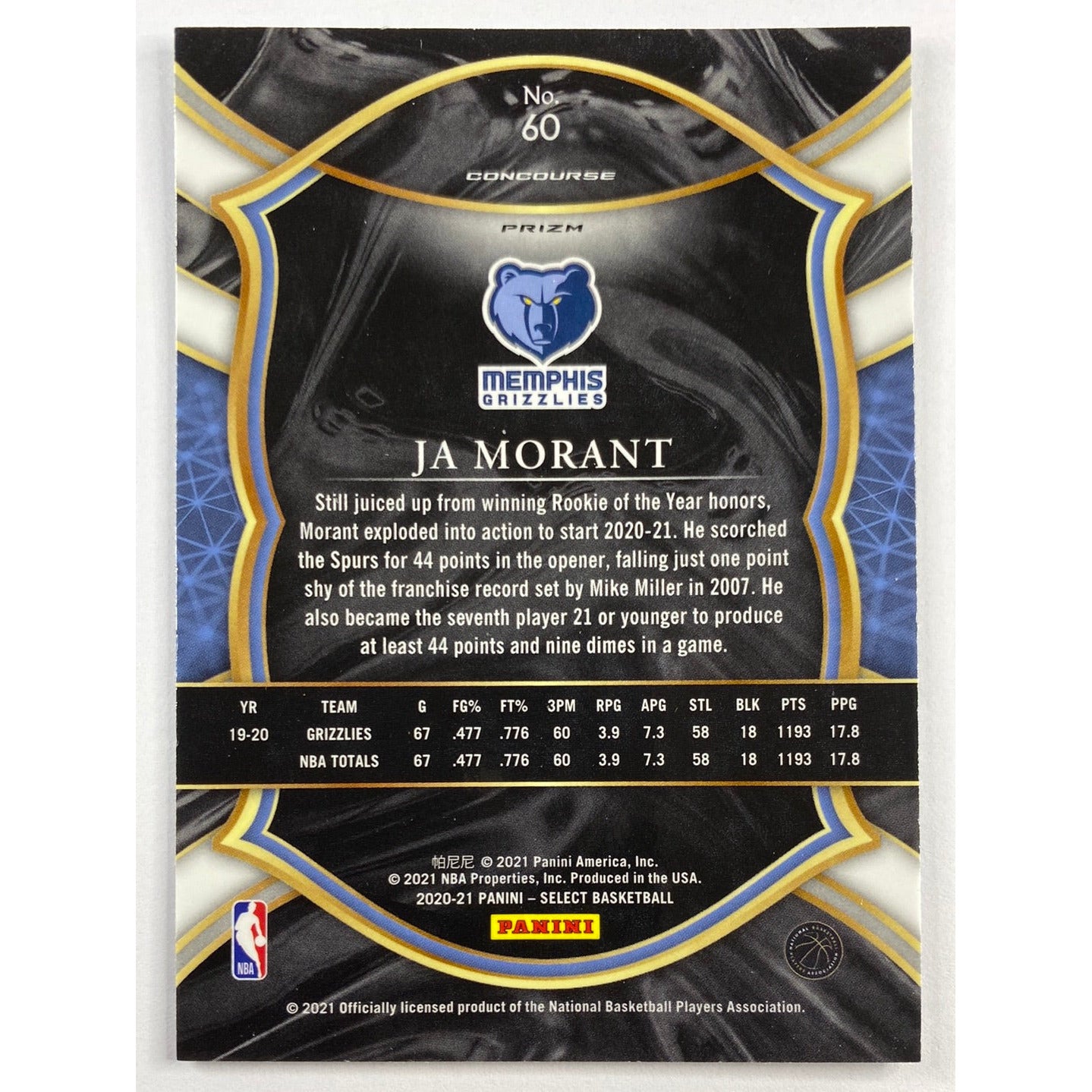 2020-21 Select Ja Morant Concourse Level Silver Holo Prizm