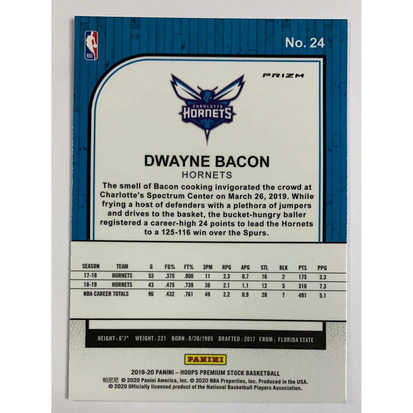 2019-20 Hoops Premium Stock Dwayne Bacon Silver Prizm